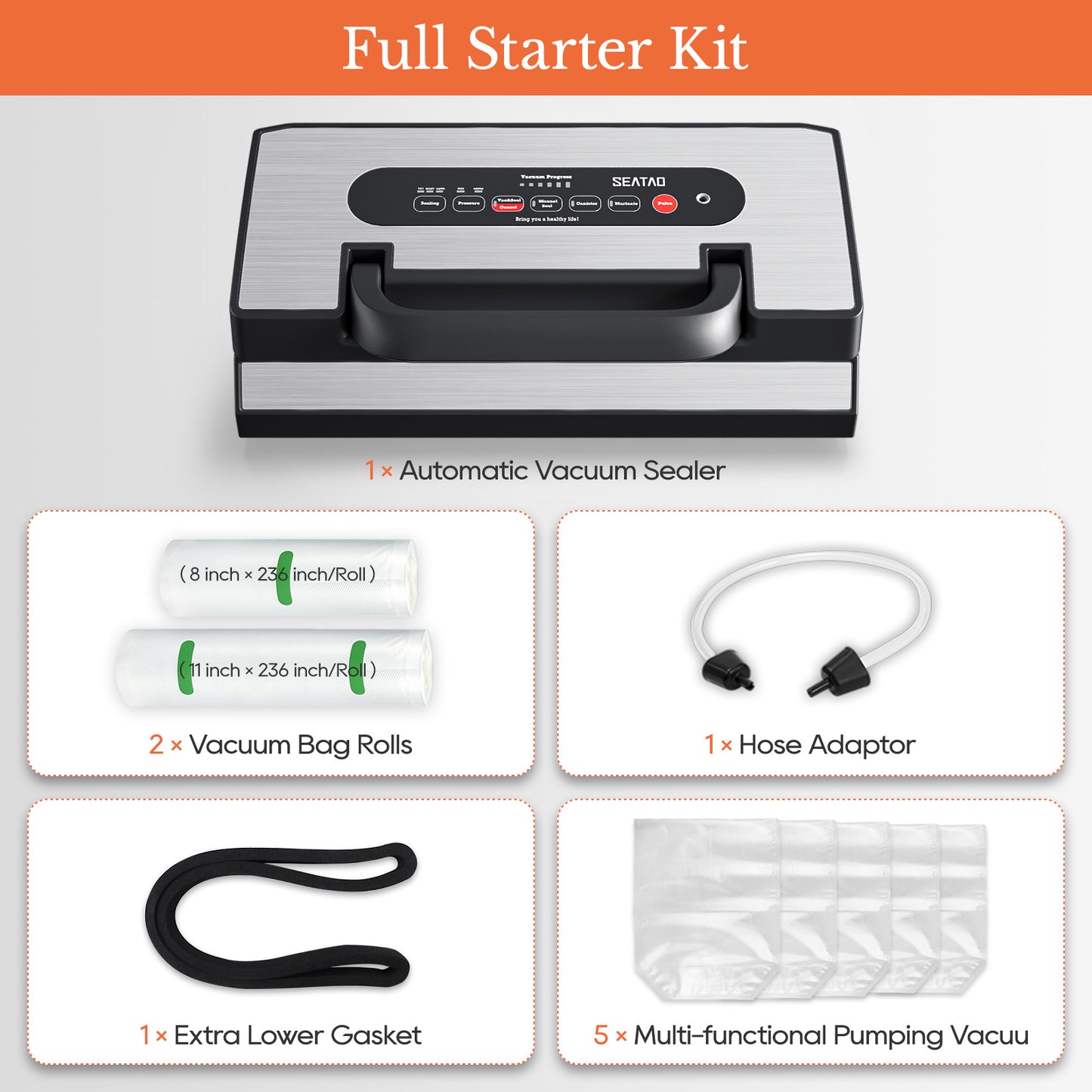 Machine à emballer sous vide améliorée pour liquides, SEATAO 90 Kpa, poignée à verrouillage facile, coupeur intégré et bac d'égouttage amovible