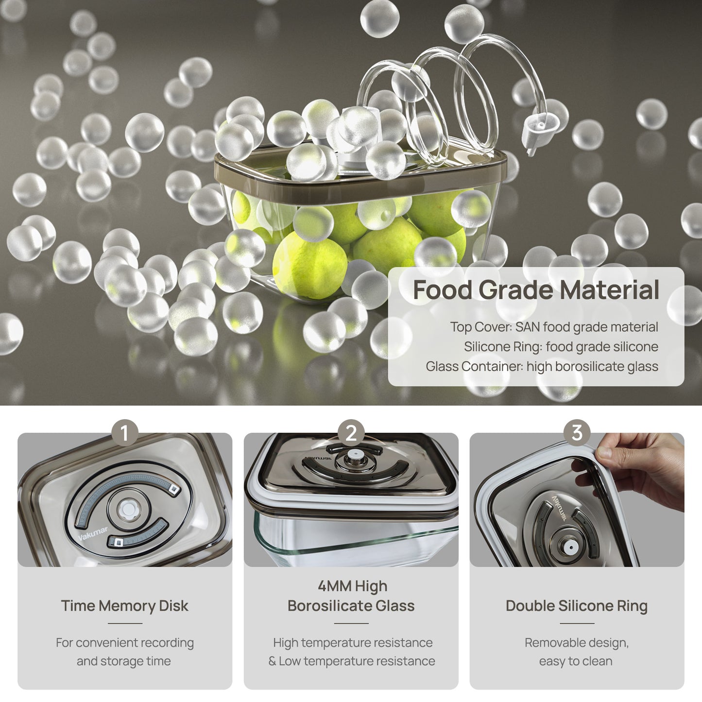 Vakumar Lot de 2 récipients carrés sous vide sans BPA – Anti-fuites, lavables au lave-vaisselle, au congélateur et au micro-ondes