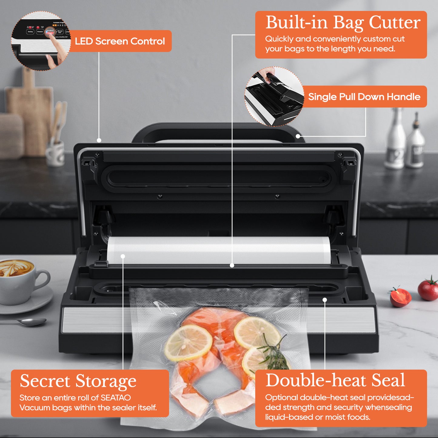 Machine à emballer sous vide améliorée pour liquides, SEATAO 90 Kpa, poignée à verrouillage facile, coupeur intégré et bac d'égouttage amovible