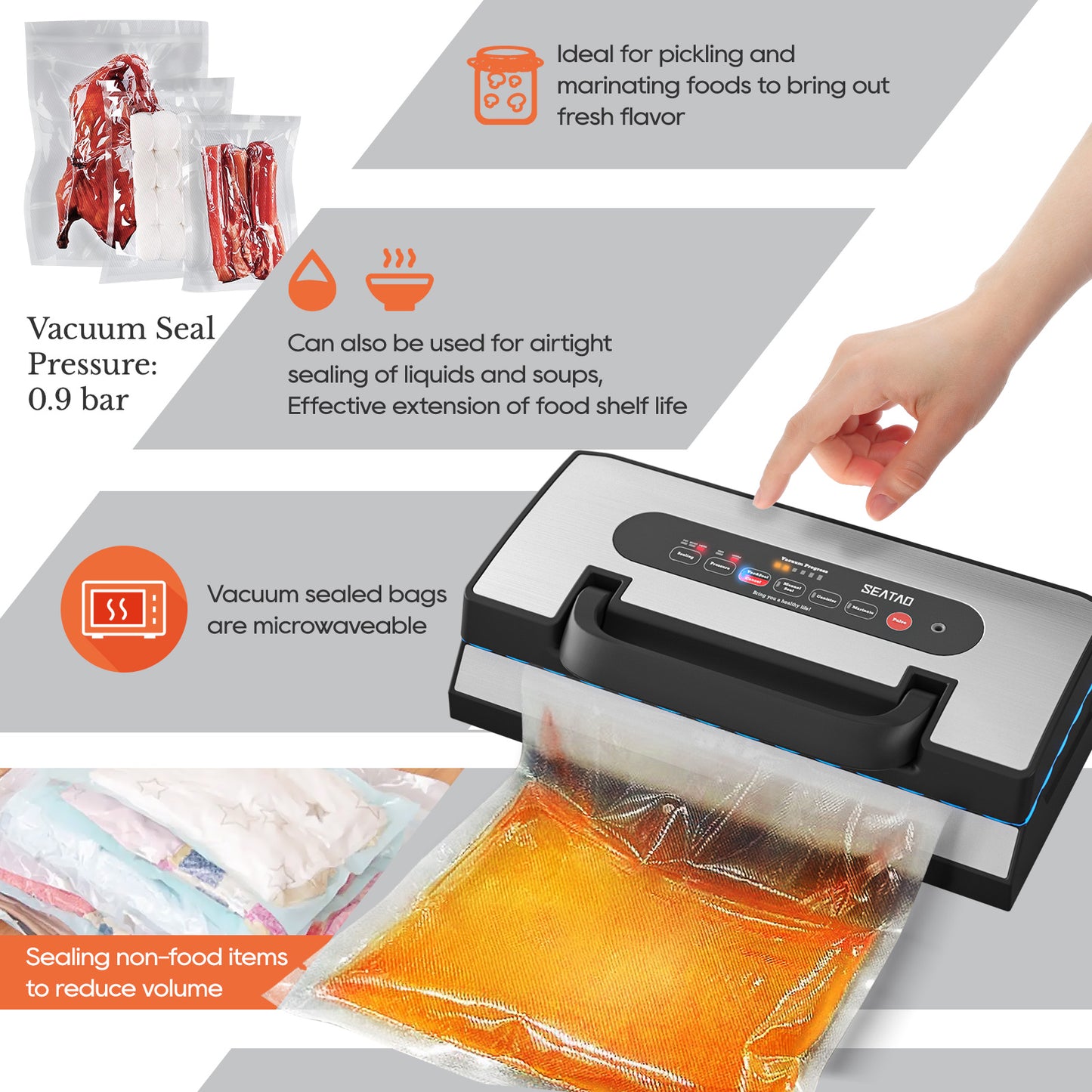 Machine à emballer sous vide améliorée pour liquides, SEATAO 90 Kpa, poignée à verrouillage facile, coupeur intégré et bac d'égouttage amovible