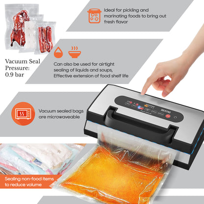 Machine à emballer sous vide améliorée pour liquides, SEATAO 90 Kpa, poignée à verrouillage facile, coupeur intégré et bac d'égouttage amovible