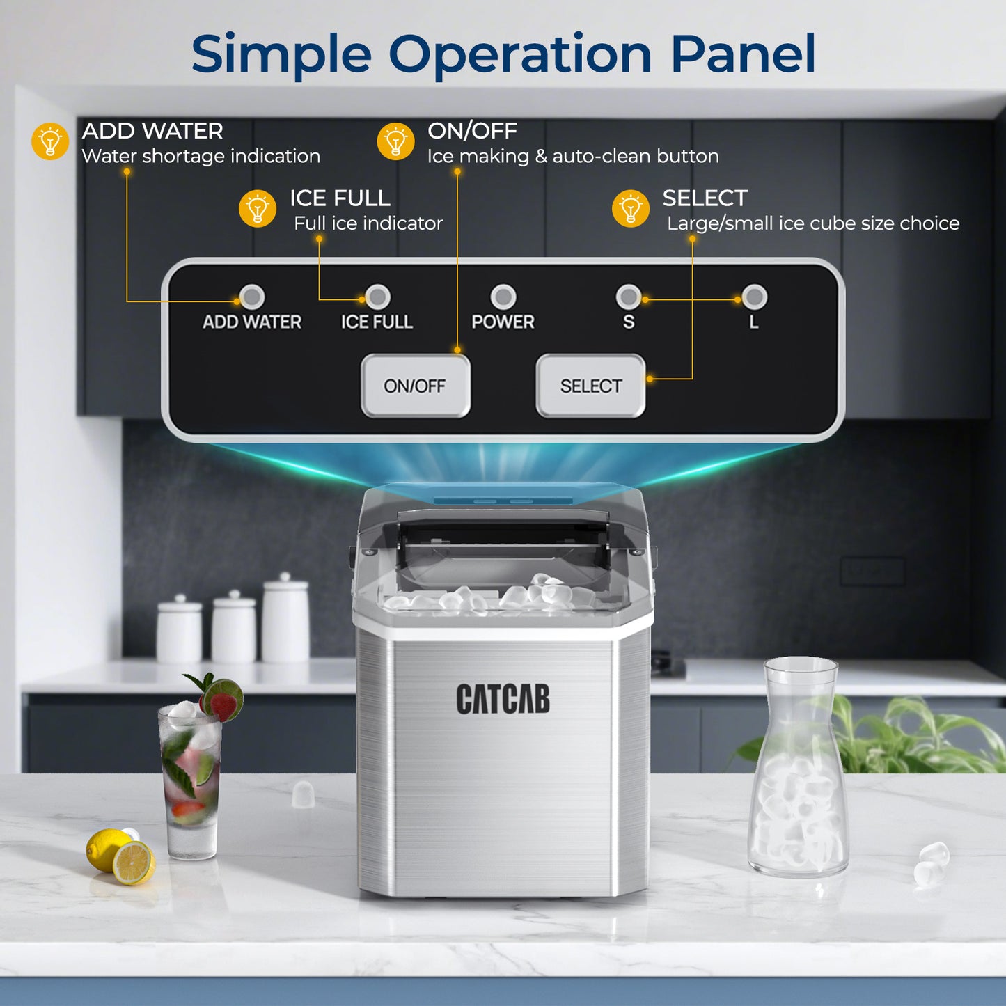 CATCAB Countertop Ice Maker - 26lbs/24h w/Ice Scoop & Basket for Home/Party/Camping