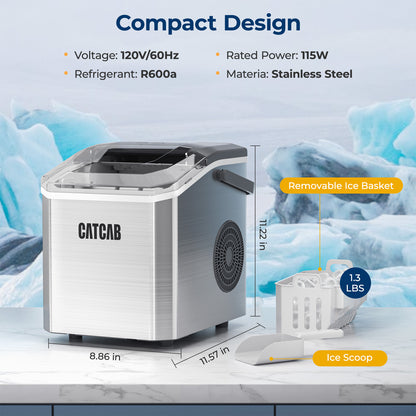 CATCAB Countertop Ice Maker - 26lbs/24h w/Ice Scoop & Basket for Home/Party/Camping