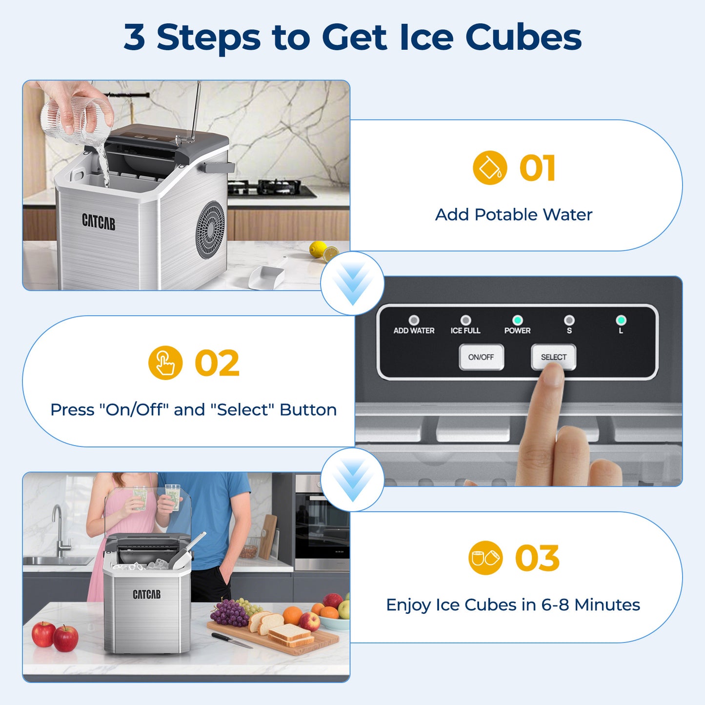 CATCAB Countertop Ice Maker - 26lbs/24h w/Ice Scoop & Basket for Home/Party/Camping