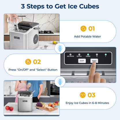 CATCAB Countertop Ice Maker - 26lbs/24h w/Ice Scoop & Basket for Home/Party/Camping