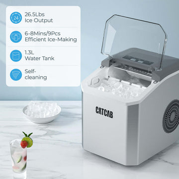 CATCAB Countertop Ice Maker - 26lbs/24h w/Ice Scoop & Basket for Home/Party/Camping