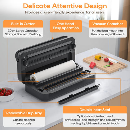 Tafunor Vacuum Sealer with Double Seal - Easy Lock Handle + Built-in Cutter & Storage