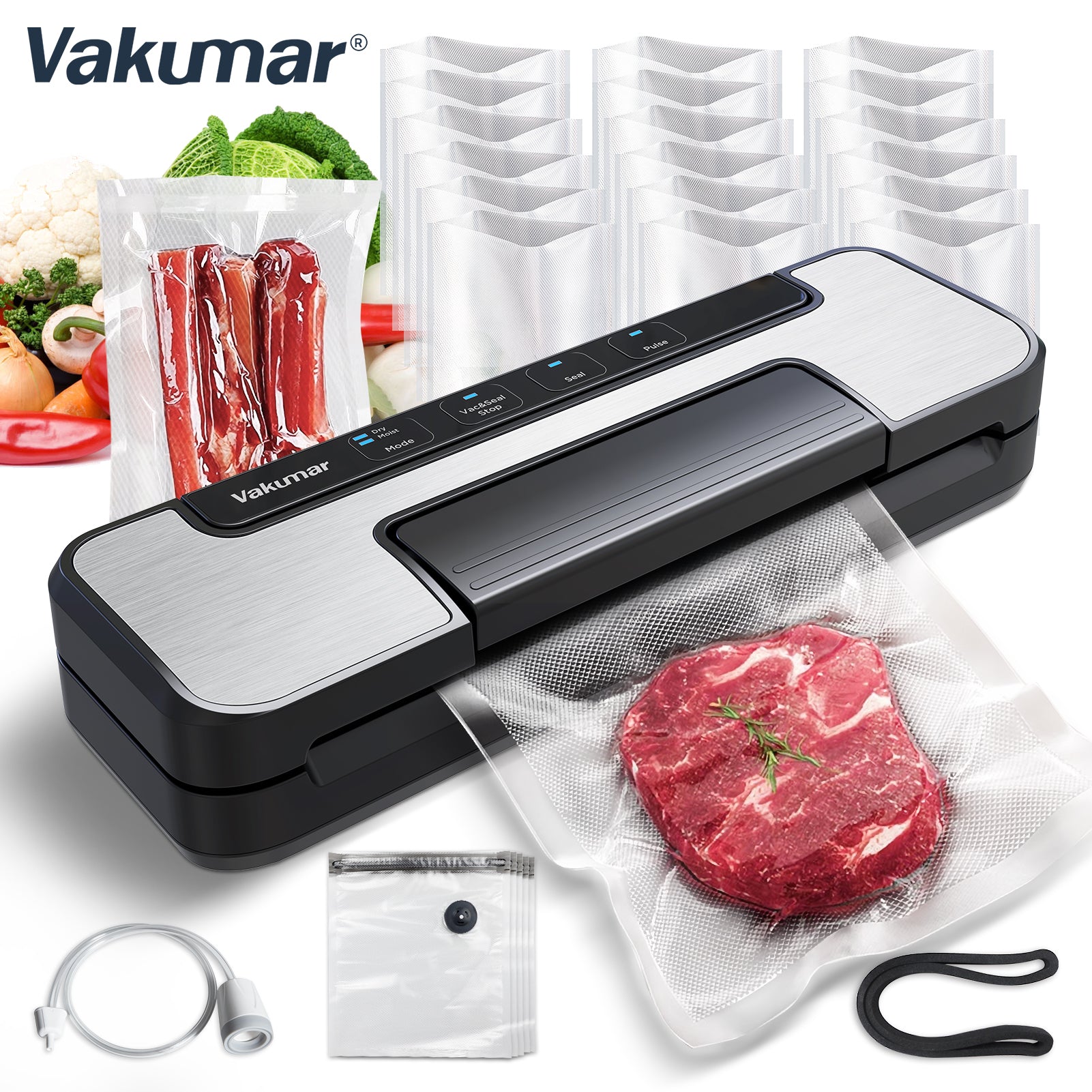 Machine à emballer sous vide Vakumar, 80 kPa avec double pompe, modes sec/humide, conception verrouillée, LED et coupe-aliments 