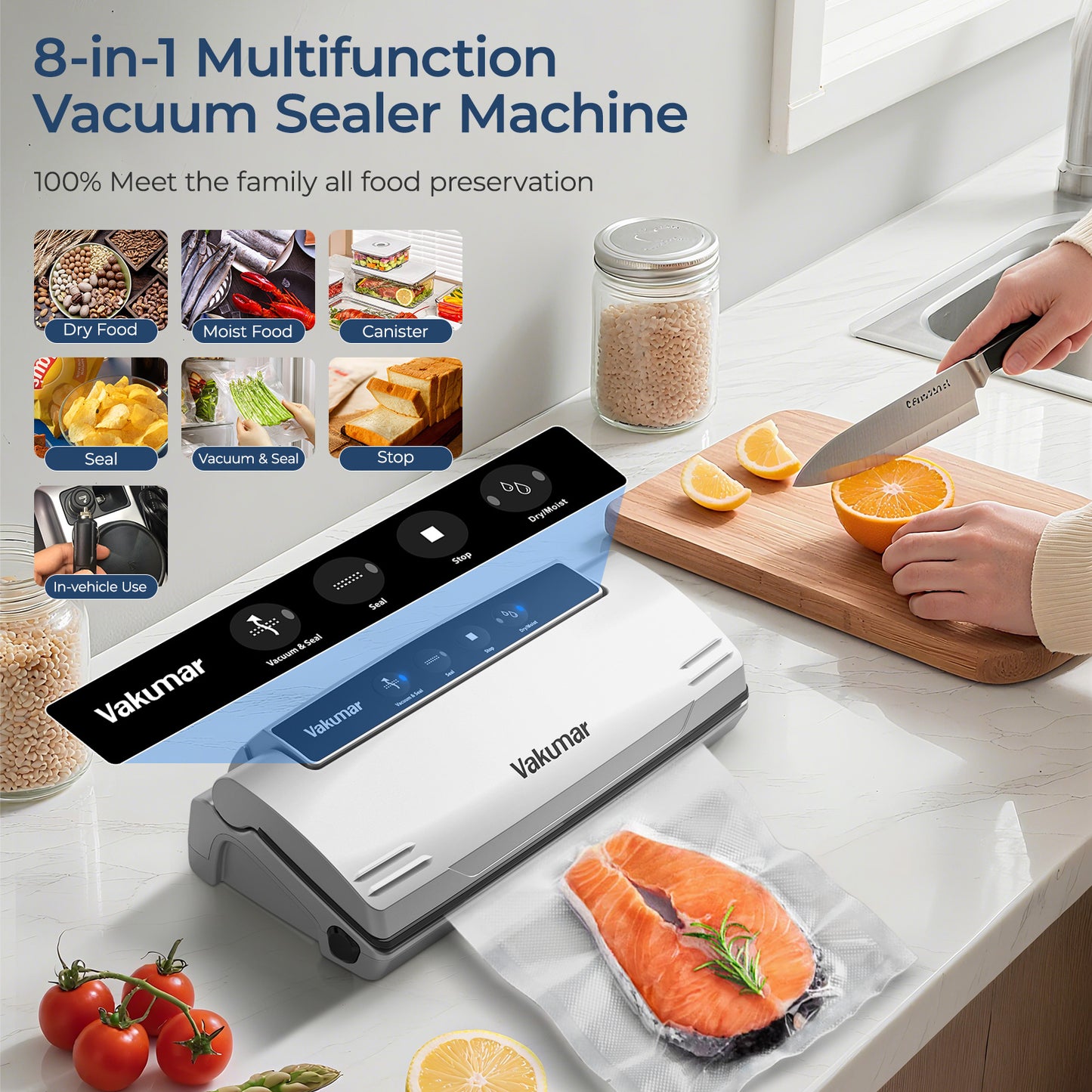 Vacuum Sealer Machine, 8-in-1 Food Sealer with Powerful Suction | Dry & Moist Food Modes | Sous Vide Compatible | Includes Car Charger for Indoor & Outdoor Use