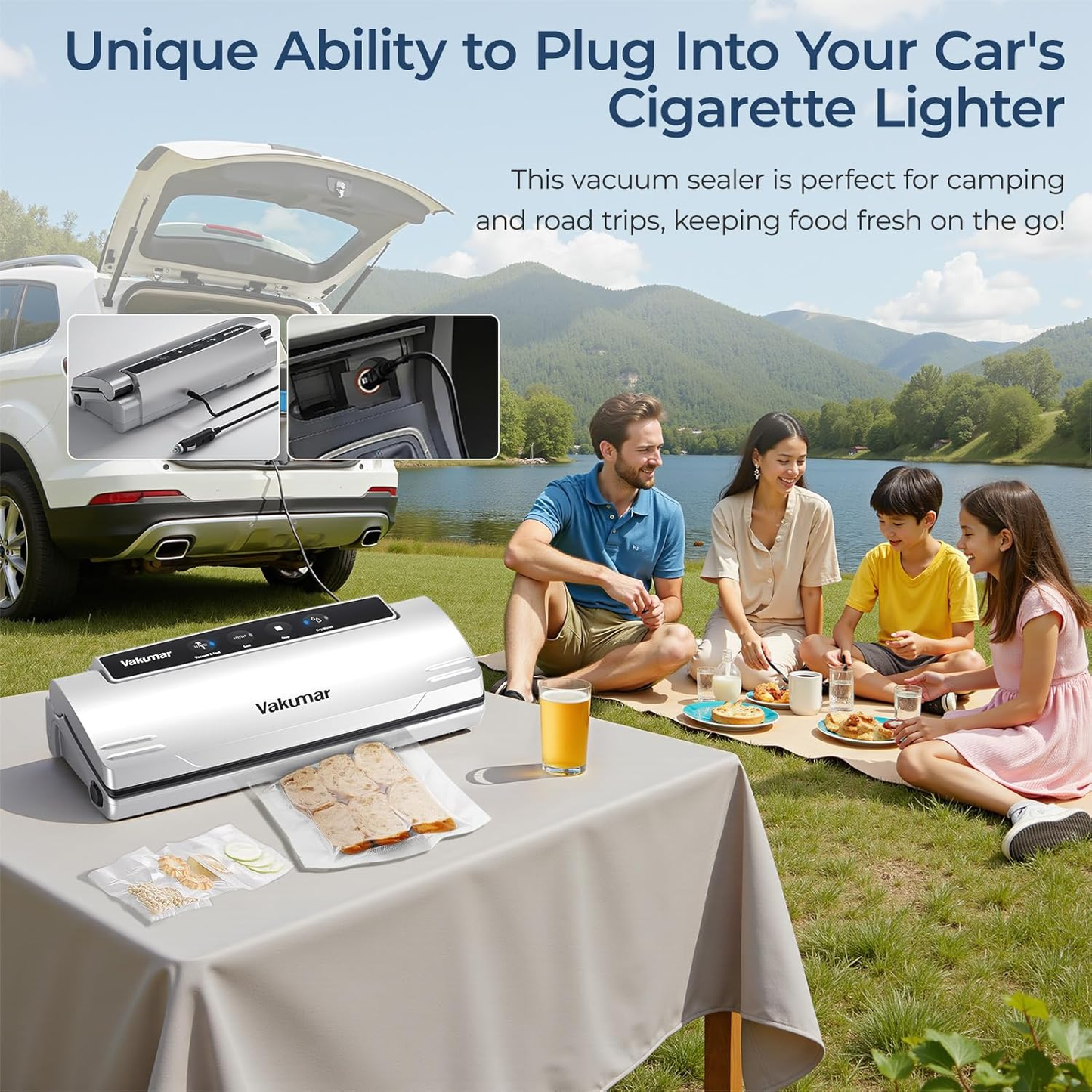 Vacuum Sealer Machine, 8-in-1 Food Sealer with Powerful Suction | Dry & Moist Food Modes | Sous Vide Compatible | Includes Car Charger for Indoor & Outdoor Use