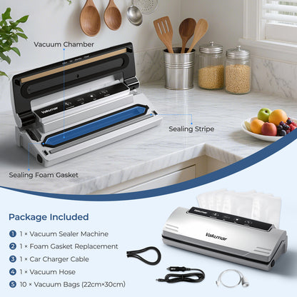 Vacuum Sealer Machine, 8-in-1 Food Sealer with Powerful Suction | Dry & Moist Food Modes | Sous Vide Compatible | Includes Car Charger for Indoor & Outdoor Use